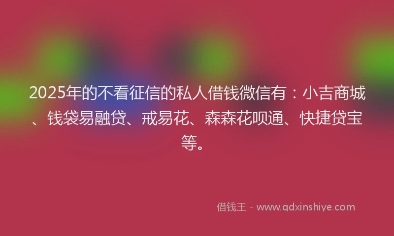 2025年的不看征信的私人借钱微信有：小吉商城、钱袋易融贷、戒易花、森森花呗通、快捷贷宝等。