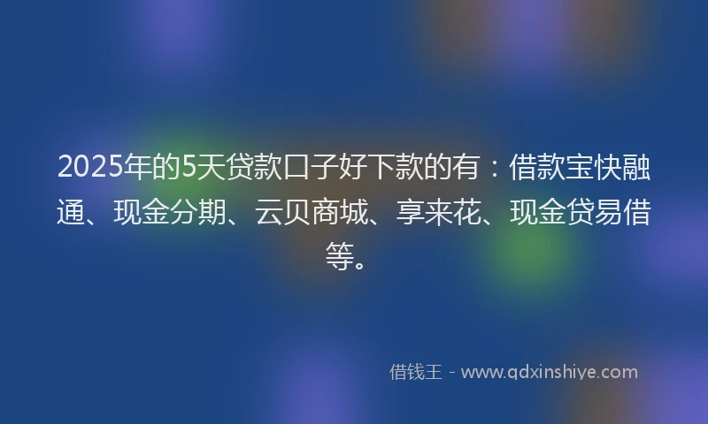 2025年的5天贷款口子好下款的有：借款宝快融通、现金分期、云贝商城、享来花、现金贷易借等。