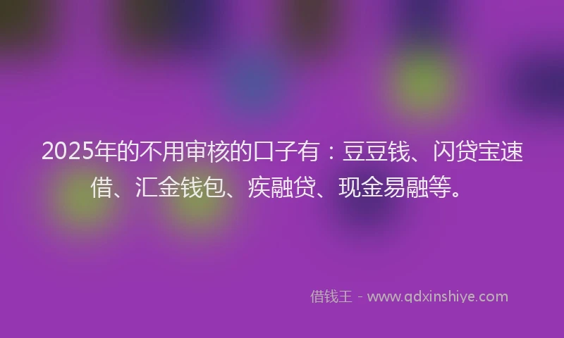 2025年的不用审核的口子有：豆豆钱、闪贷宝速借、汇金钱包、疾融贷、现金易融等。