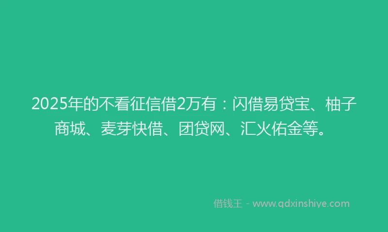 2025年的不看征信借2万有：闪借易贷宝、柚子商城、麦芽快借、团贷网、汇火佑金等。
