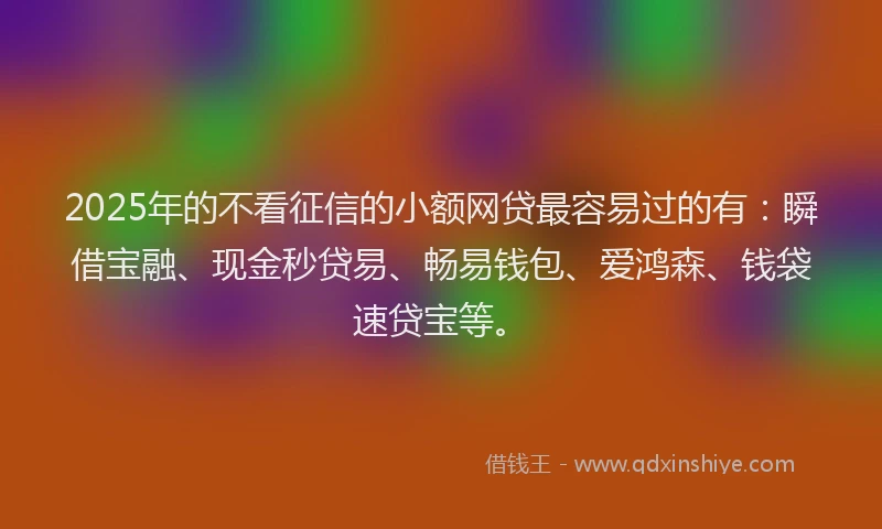 2025年的不看征信的小额网贷最容易过的有：瞬借宝融、现金秒贷易、畅易钱包、爱鸿森、钱袋速贷宝等。