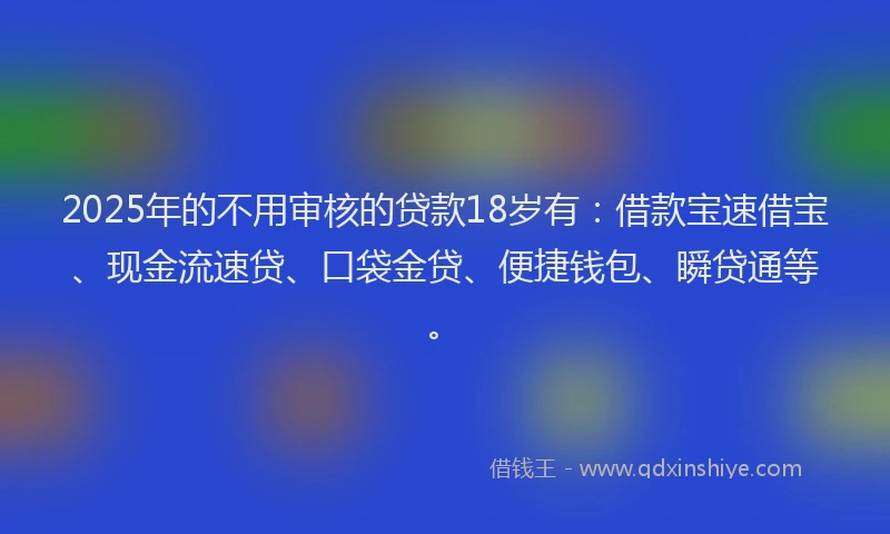 2025年的不用审核的贷款18岁有：借款宝速借宝、现金流速贷、口袋金贷、便捷钱包、瞬贷通等。
