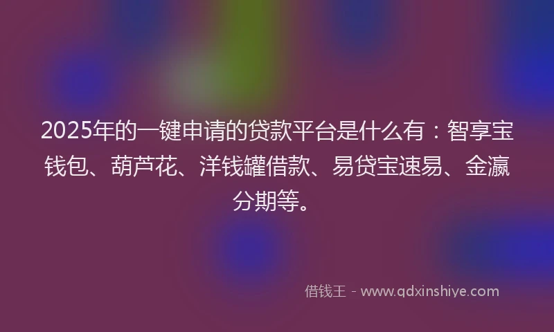 2025年的一键申请的贷款平台是什么有：智享宝钱包、葫芦花、洋钱罐借款、易贷宝速易、金瀛分期等。