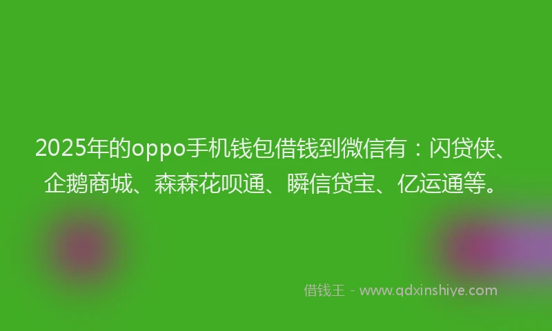 2025年的oppo手机钱包借钱到微信有：闪贷侠、企鹅商城、森森花呗通、瞬信贷宝、亿运通等。