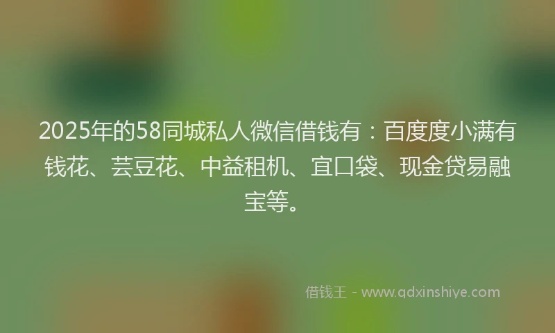 2025年的58同城私人微信借钱有：百度度小满有钱花、芸豆花、中益租机、宜口袋、现金贷易融宝等。