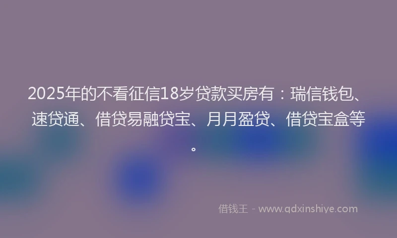 2025年的不看征信18岁贷款买房有：瑞信钱包、速贷通、借贷易融贷宝、月月盈贷、借贷宝盒等。