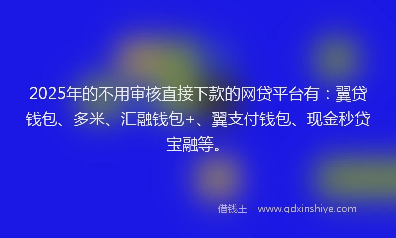 2025年的不用审核直接下款的网贷平台有：翼贷钱包、多米、汇融钱包+、翼支付钱包、现金秒贷宝融等。