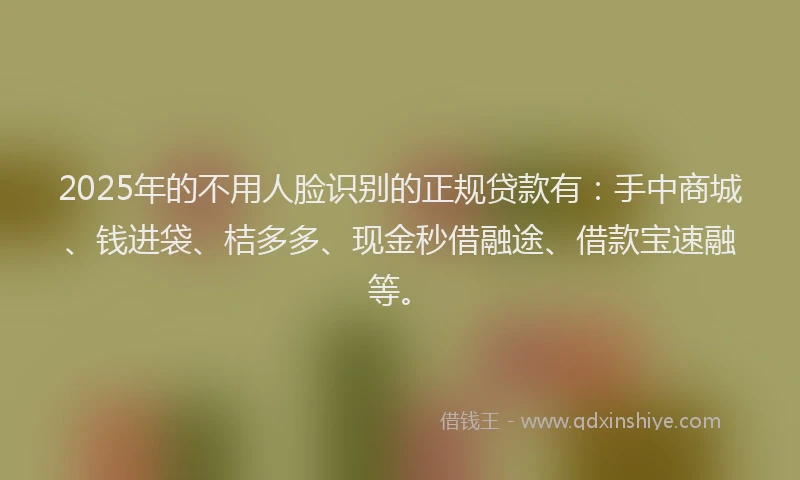 2025年的不用人脸识别的正规贷款有：手中商城、钱进袋、桔多多、现金秒借融途、借款宝速融等。