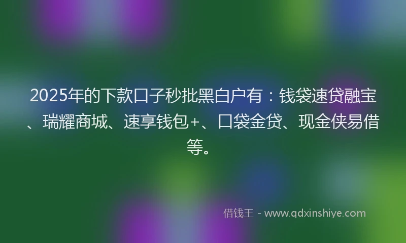 2025年的下款口子秒批黑白户有：钱袋速贷融宝、瑞耀商城、速享钱包+、口袋金贷、现金侠易借等。