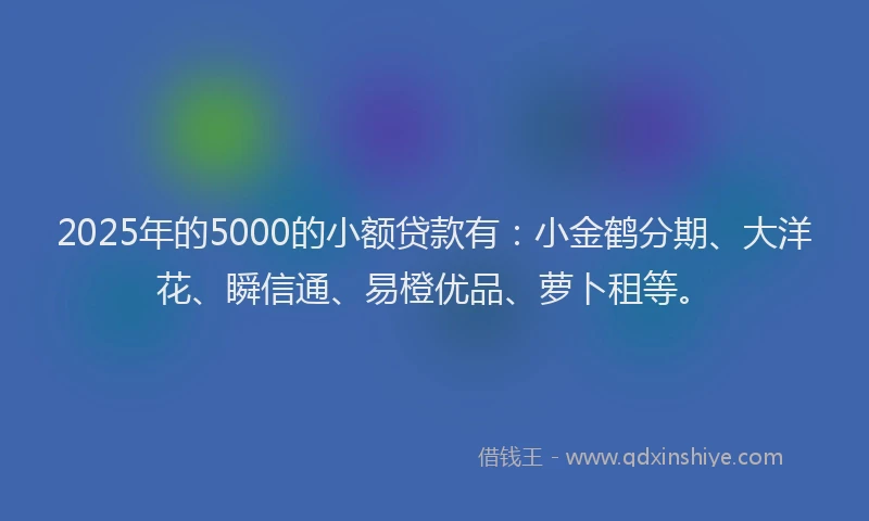 2025年的5000的小额贷款有：小金鹤分期、大洋花、瞬信通、易橙优品、萝卜租等。