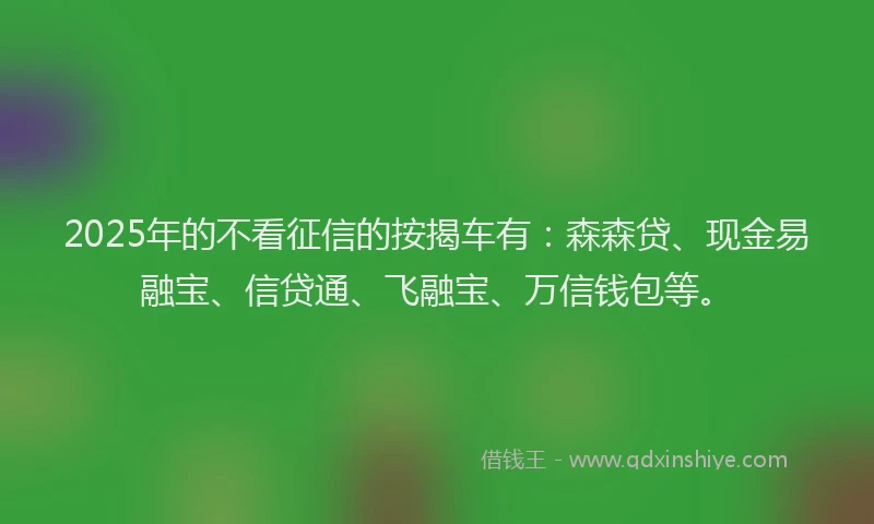 2025年的不看征信的按揭车有：森森贷、现金易融宝、信贷通、飞融宝、万信钱包等。
