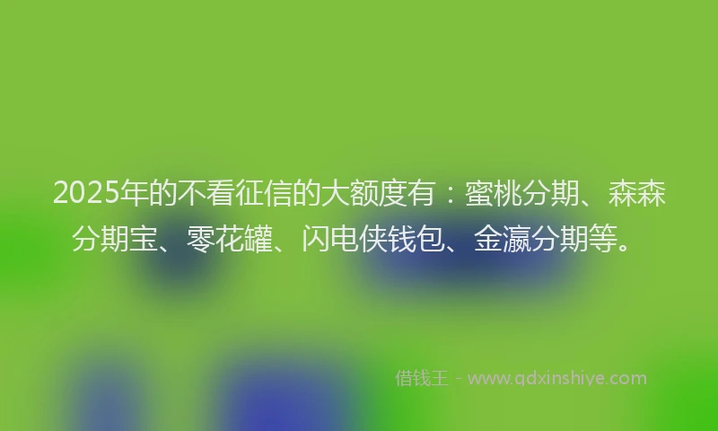 2025年的不看征信的大额度有：蜜桃分期、森森分期宝、零花罐、闪电侠钱包、金瀛分期等。