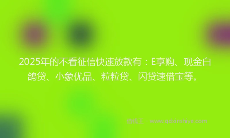 2025年的不看征信快速放款有：E享购、现金白鸽贷、小象优品、粒粒贷、闪贷速借宝等。