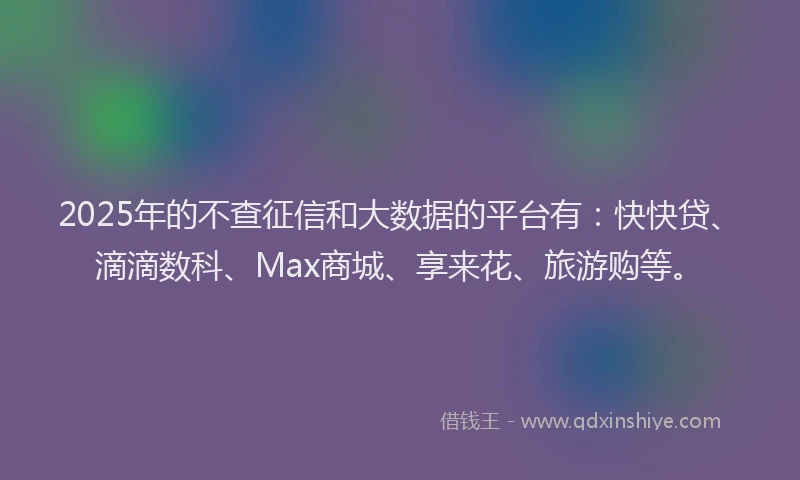 2025年的不查征信和大数据的平台有：快快贷、滴滴数科、Max商城、享来花、旅游购等。
