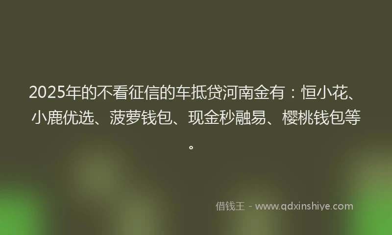 2025年的不看征信的车抵贷河南金有：恒小花、小鹿优选、菠萝钱包、现金秒融易、樱桃钱包等。