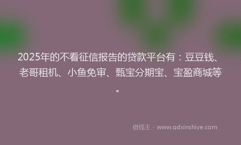 2025年的不看征信报告的贷款平台有：豆豆钱、老哥租机、小鱼免审、甄宝分期宝、宝盈商城等。