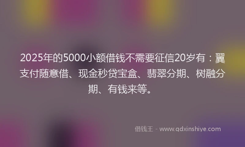 2025年的5000小额借钱不需要征信20岁有：翼支付随意借、现金秒贷宝盒、翡翠分期、树融分期、有钱来等。