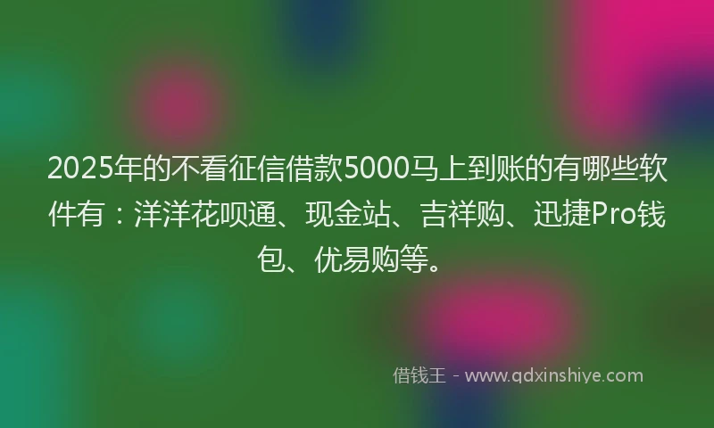 2025年的不看征信借款5000马上到账的有哪些软件有：洋洋花呗通、现金站、吉祥购、迅捷Pro钱包、优易购等。