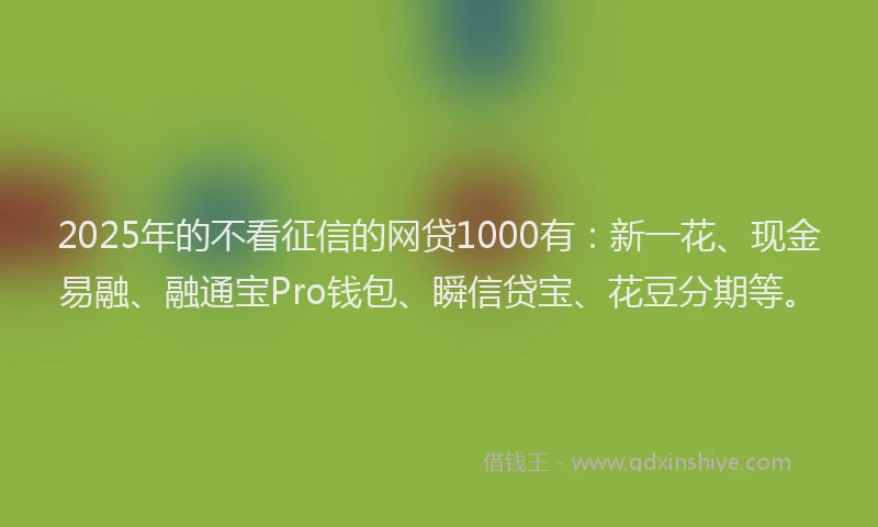 2025年的不看征信的网贷1000有：新一花、现金易融、融通宝Pro钱包、瞬信贷宝、花豆分期等。