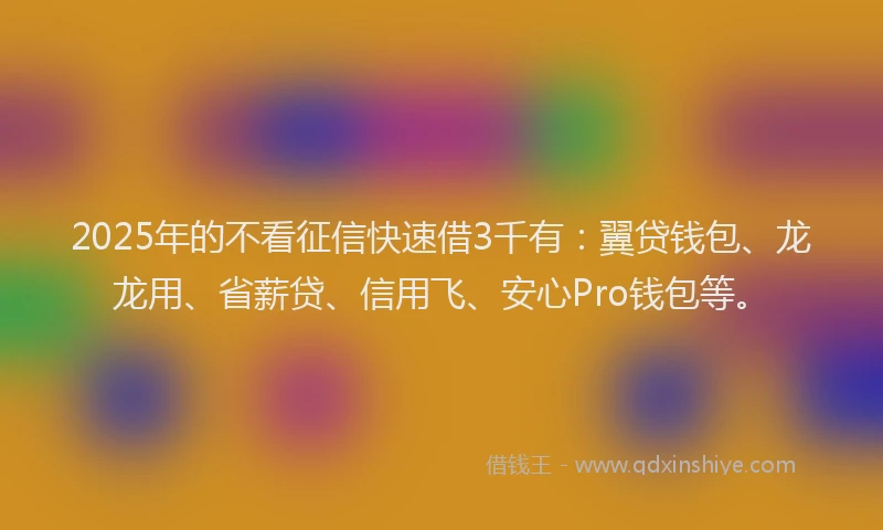 2025年的不看征信快速借3千有：翼贷钱包、龙龙用、省薪贷、信用飞、安心Pro钱包等。