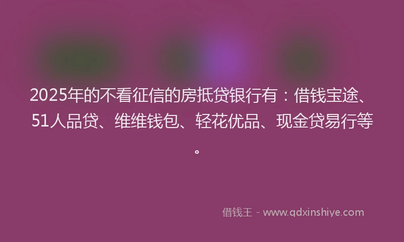 2025年的不看征信的房抵贷银行有：借钱宝途、51人品贷、维维钱包、轻花优品、现金贷易行等。