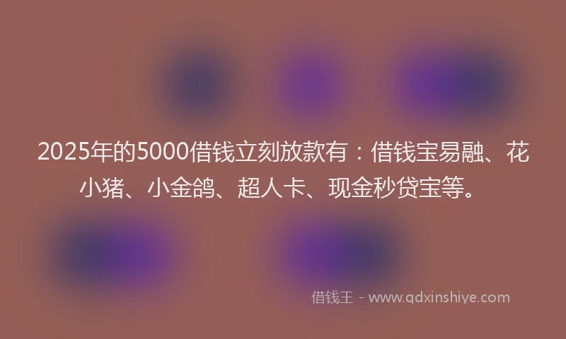 2025年的5000借钱立刻放款有：借钱宝易融、花小猪、小金鸽、超人卡、现金秒贷宝等。