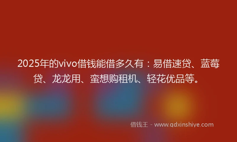 2025年的vivo借钱能借多久有：易借速贷、蓝莓贷、龙龙用、蛮想购租机、轻花优品等。