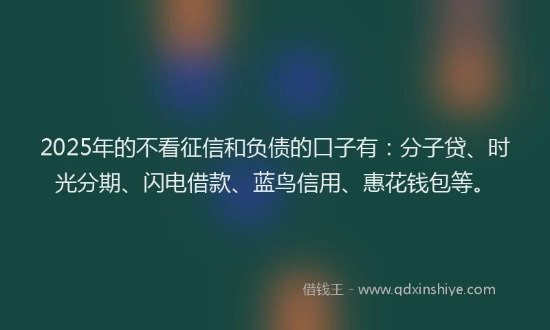 2025年的不看征信和负债的口子有：分子贷、时光分期、闪电借款、蓝鸟信用、惠花钱包等。
