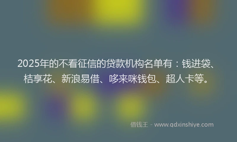 2025年的不看征信的贷款机构名单有：钱进袋、桔享花、新浪易借、哆来咪钱包、超人卡等。
