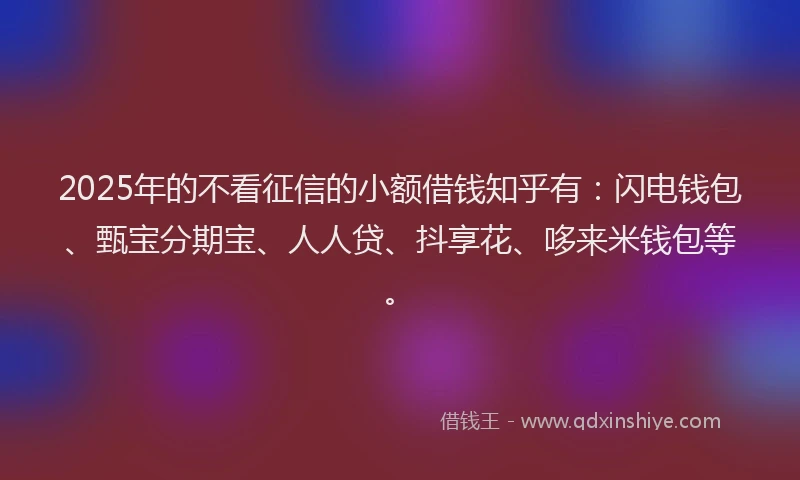 2025年的不看征信的小额借钱知乎有：闪电钱包、甄宝分期宝、人人贷、抖享花、哆来米钱包等。
