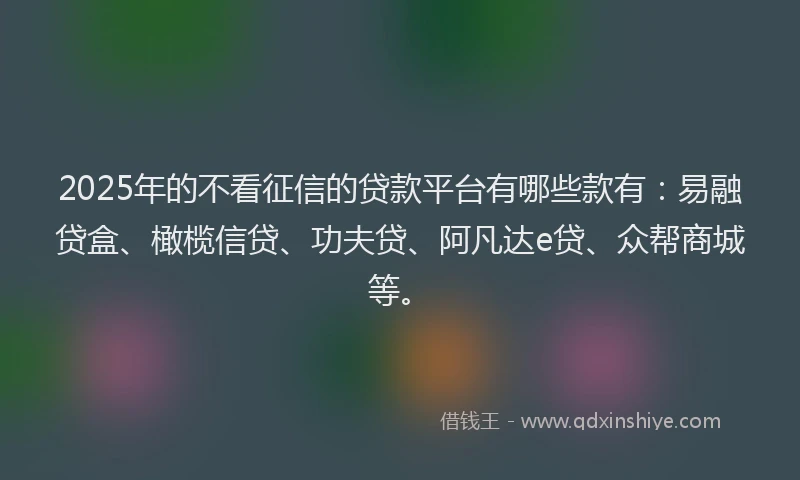 2025年的不看征信的贷款平台有哪些款有：易融贷盒、橄榄信贷、功夫贷、阿凡达e贷、众帮商城等。
