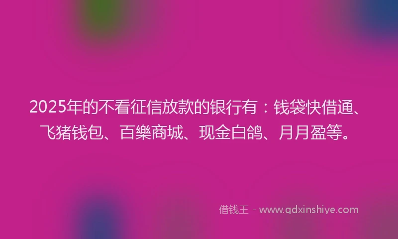 2025年的不看征信放款的银行有：钱袋快借通、飞猪钱包、百樂商城、现金白鸽、月月盈等。