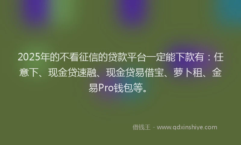 2025年的不看征信的贷款平台一定能下款有：任意下、现金贷速融、现金贷易借宝、萝卜租、金易Pro钱包等。