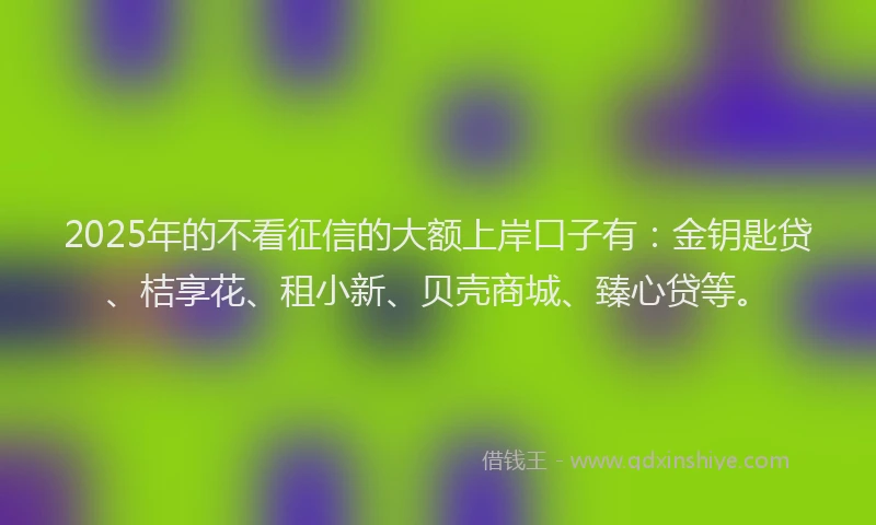2025年的不看征信的大额上岸口子有：金钥匙贷、桔享花、租小新、贝壳商城、臻心贷等。