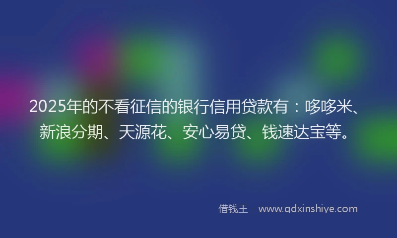 2025年的不看征信的银行信用贷款有：哆哆米、新浪分期、天源花、安心易贷、钱速达宝等。