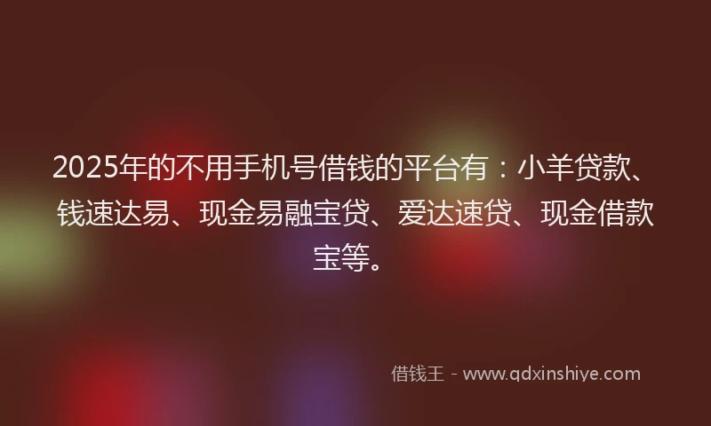 2025年的不用手机号借钱的平台有：小羊贷款、钱速达易、现金易融宝贷、爱达速贷、现金借款宝等。