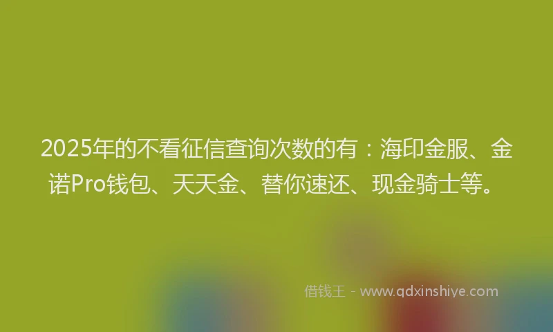 2025年的不看征信查询次数的有：海印金服、金诺Pro钱包、天天金、替你速还、现金骑士等。