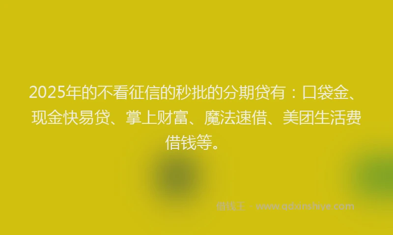 2025年的不看征信的秒批的分期贷有：口袋金、现金快易贷、掌上财富、魔法速借、美团生活费借钱等。