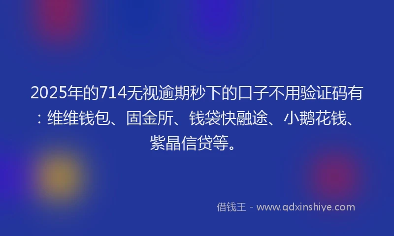 2025年的714无视逾期秒下的口子不用验证码有：维维钱包、固金所、钱袋快融途、小鹅花钱、紫晶信贷等。
