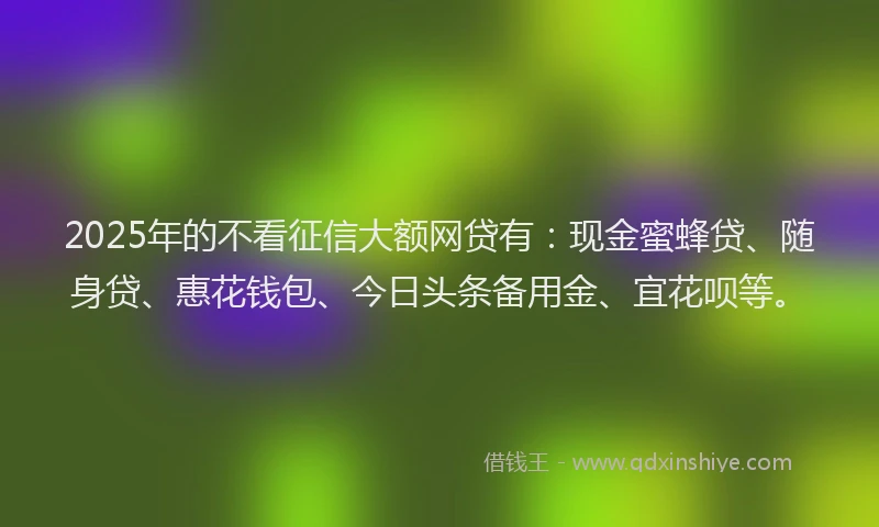 2025年的不看征信大额网贷有：现金蜜蜂贷、随身贷、惠花钱包、今日头条备用金、宜花呗等。
