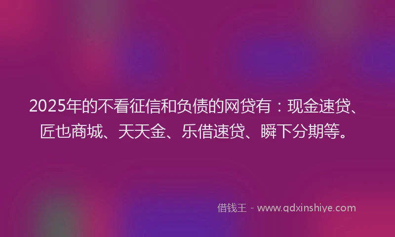 2025年的不看征信和负债的网贷有：现金速贷、匠也商城、天天金、乐借速贷、瞬下分期等。