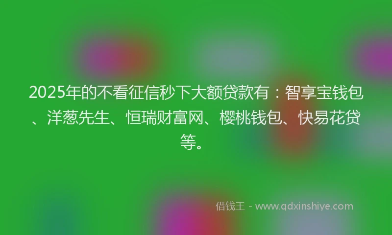 2025年的不看征信秒下大额贷款有：智享宝钱包、洋葱先生、恒瑞财富网、樱桃钱包、快易花贷等。