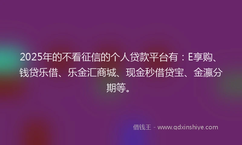 2025年的不看征信的个人贷款平台有：E享购、钱贷乐借、乐金汇商城、现金秒借贷宝、金瀛分期等。