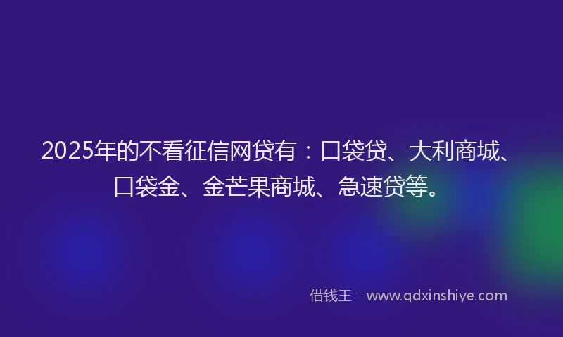 2025年的不看征信网贷有：口袋贷、大利商城、口袋金、金芒果商城、急速贷等。