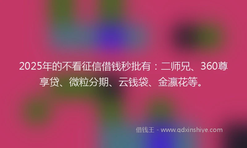 2025年的不看征信借钱秒批有：二师兄、360尊享贷、微粒分期、云钱袋、金瀛花等。