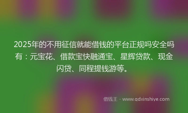 2025年的不用征信就能借钱的平台正规吗安全吗有：元宝花、借款宝快融通宝、星辉贷款、现金闪贷、同程提钱游等。