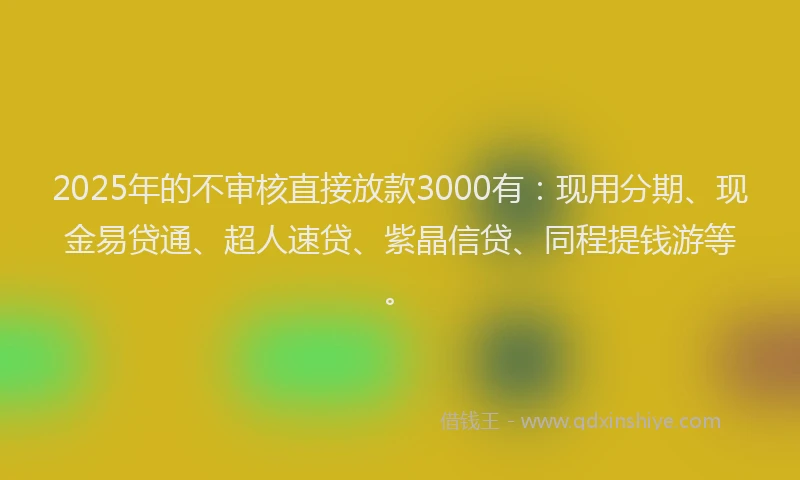2025年的不审核直接放款3000有：现用分期、现金易贷通、超人速贷、紫晶信贷、同程提钱游等。