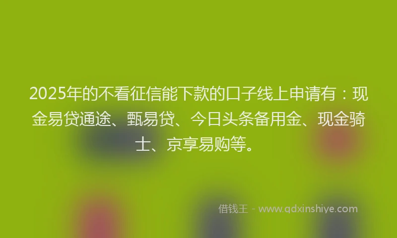 2025年的不看征信能下款的口子线上申请有：现金易贷通途、甄易贷、今日头条备用金、现金骑士、京享易购等。