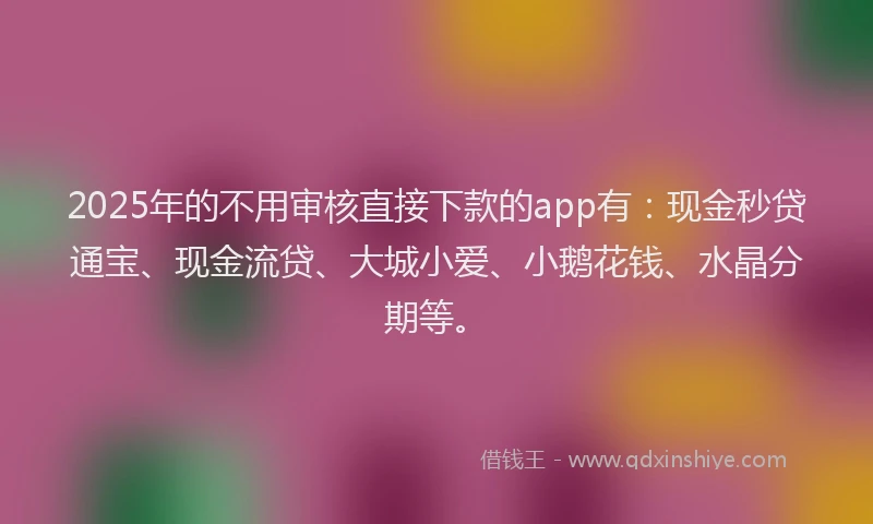 2025年的不用审核直接下款的app有：现金秒贷通宝、现金流贷、大城小爱、小鹅花钱、水晶分期等。