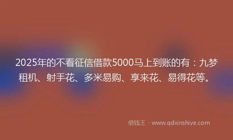 2025年的不看征信借款5000马上到账的有：九梦租机、射手花、多米易购、享来花、易得花等。